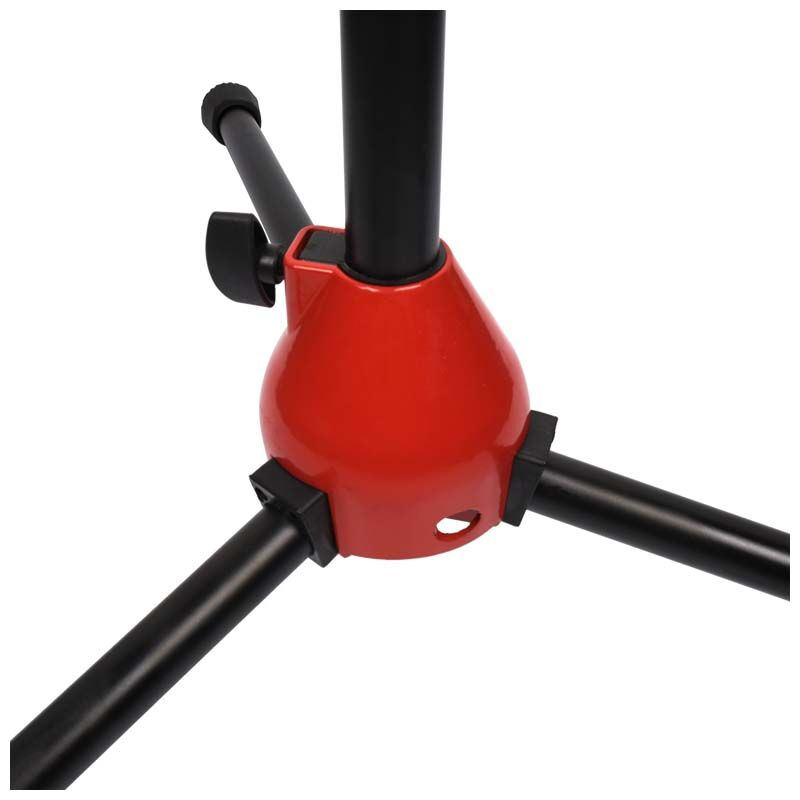 Ein roter Standfuß mit schwarzen Metallrohren und einem Einstellknopf auf einem weißen Hintergrund.
