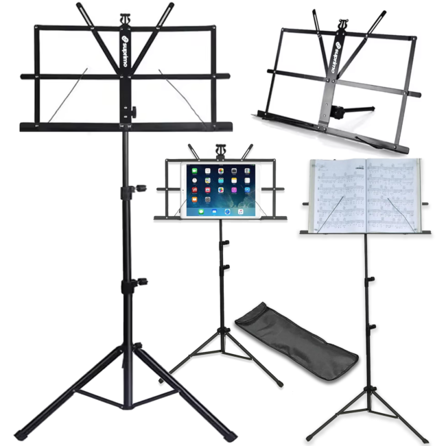 Ein schwarzer, verstellbarer Notenständer mit Stativ, Tablet, Notenbuch und Tragetasche.