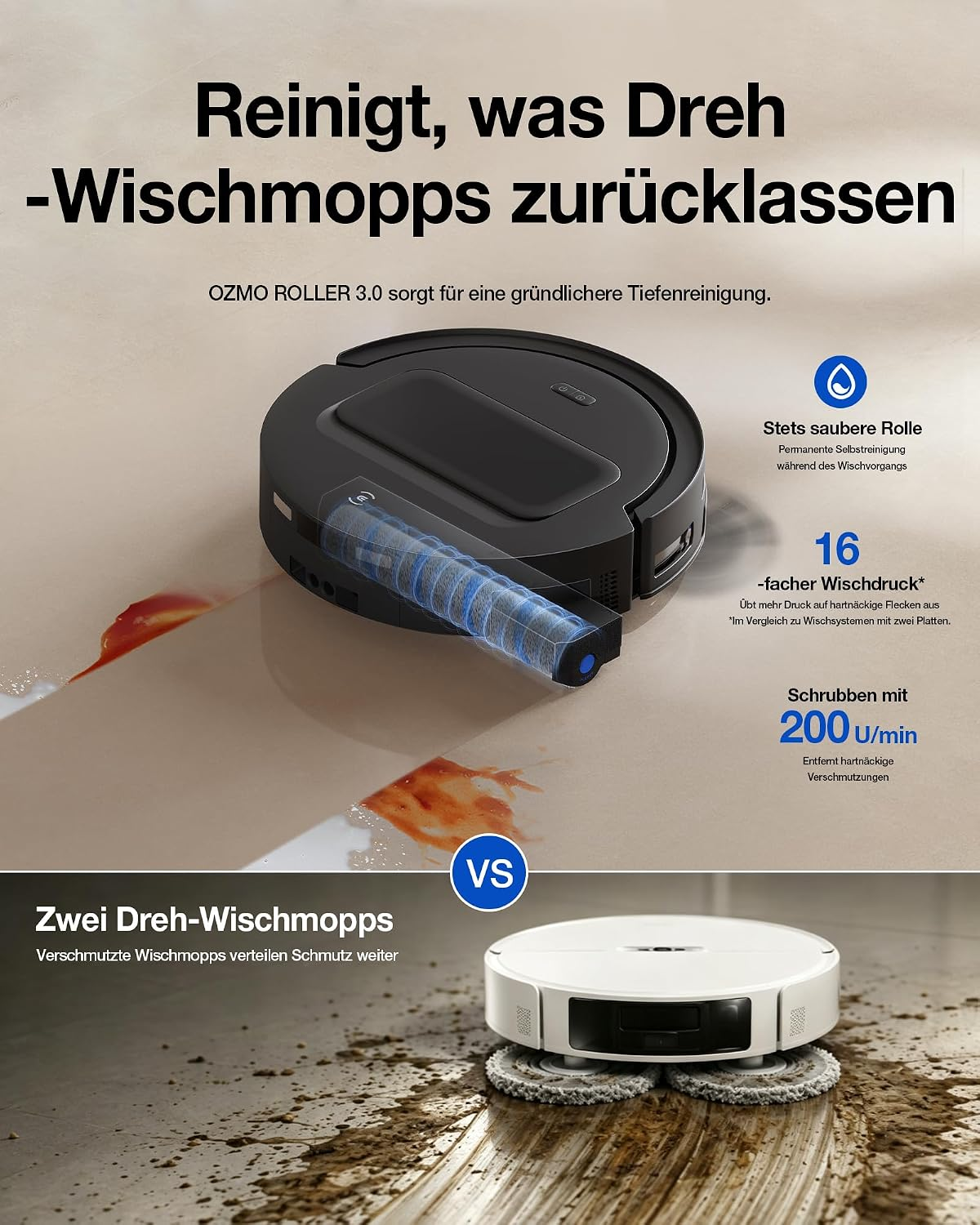 Vergleich zweier Saugroboter: Ein schwarzer mit Walze reinigt sauber, während ein weißer mit Wischmopps Schmutz verteilt.