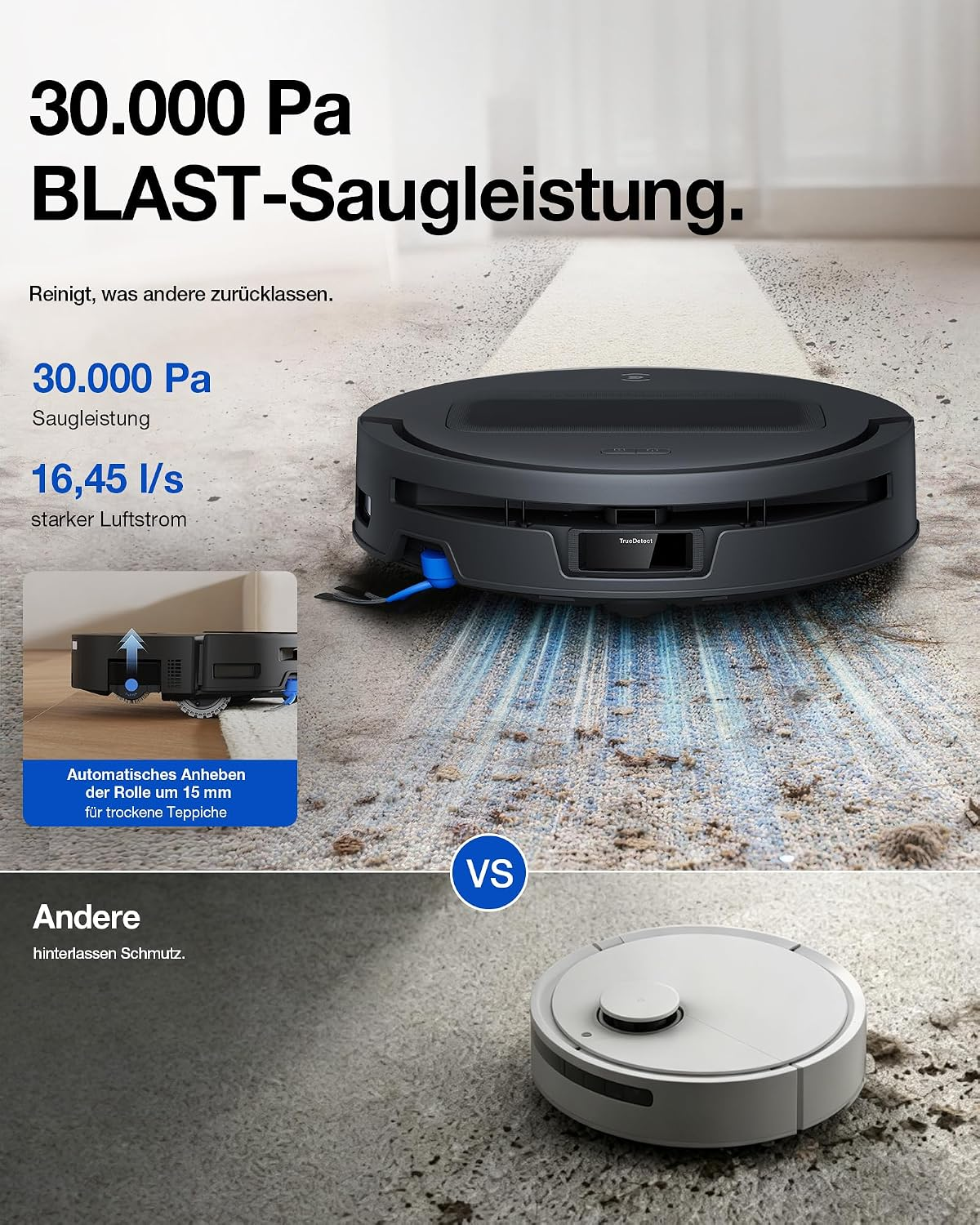 Werbebild für einen schwarzen Saugroboter mit Text zu 30.000 Pa Saugleistung und Vergleich.