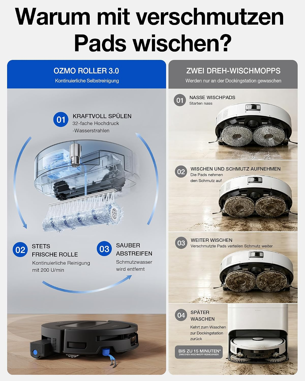Vergleich zweier Saugroboter: Ein selbstreinigender Roller im Vergleich zu traditionellen Wischmopps.