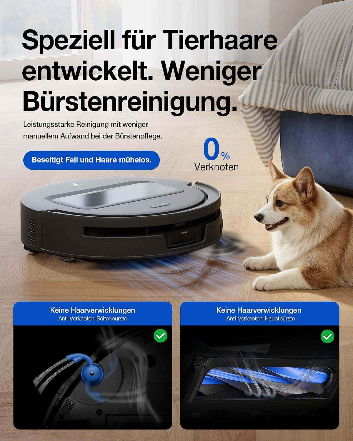 Ein Saugroboter auf Holzfussboden neben einem Corgi, mit Grafiken zu Tierhaarentfernung und Anti-Verknotung.