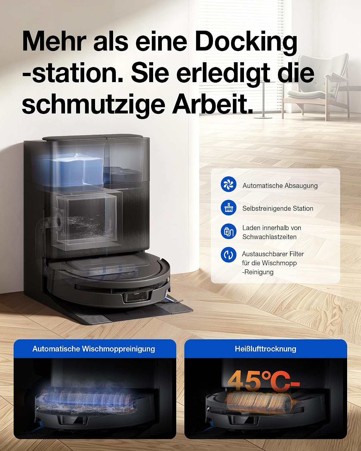 Ein dunkler Saugroboter steht in einer Ladestation in einem Raum mit Reinigungsfunktionen und Textüberlagerung.