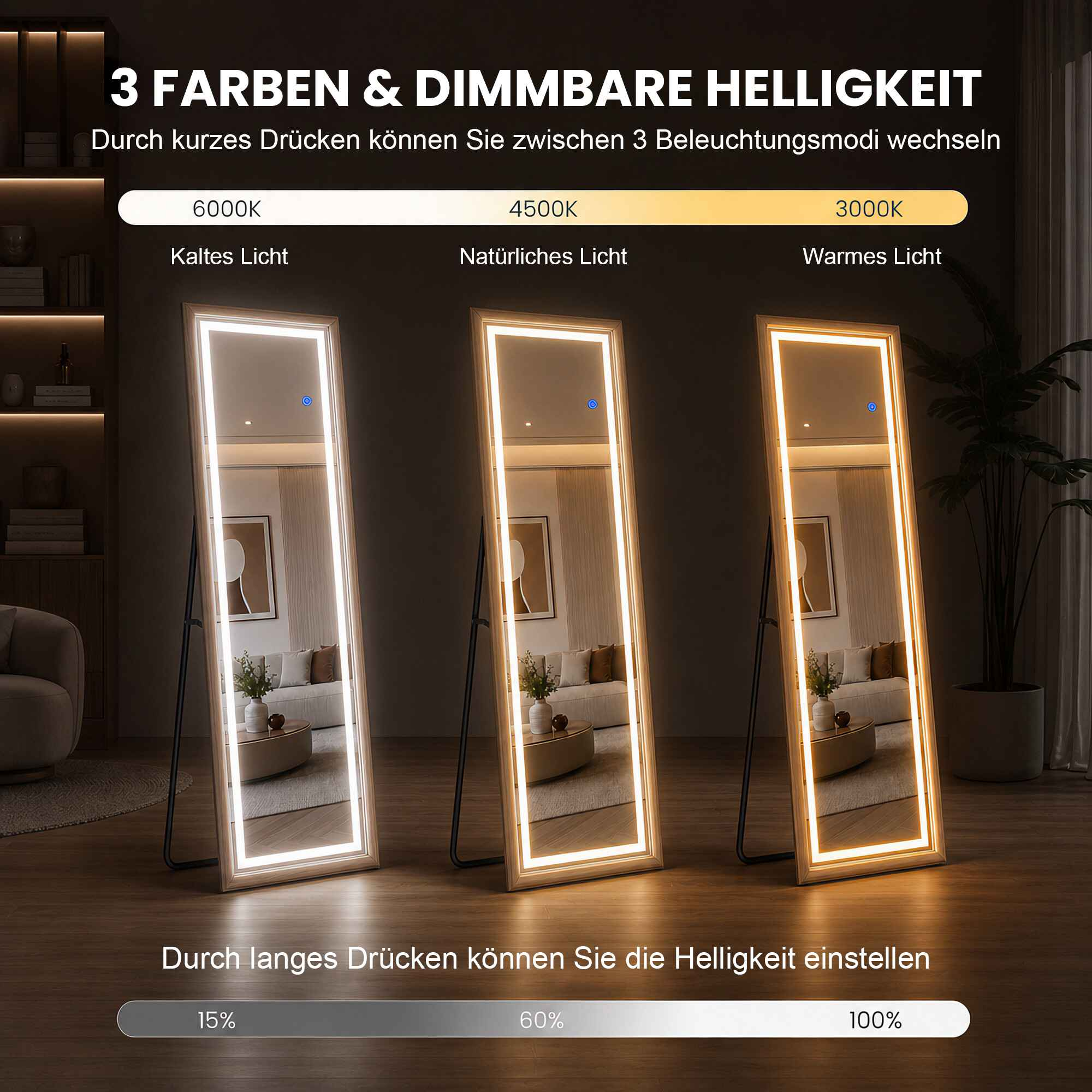 Drei beleuchtete Standspiegel mit verschiedenen Farbtemperaturen von kaltem bis warmem Licht in einem Raum.