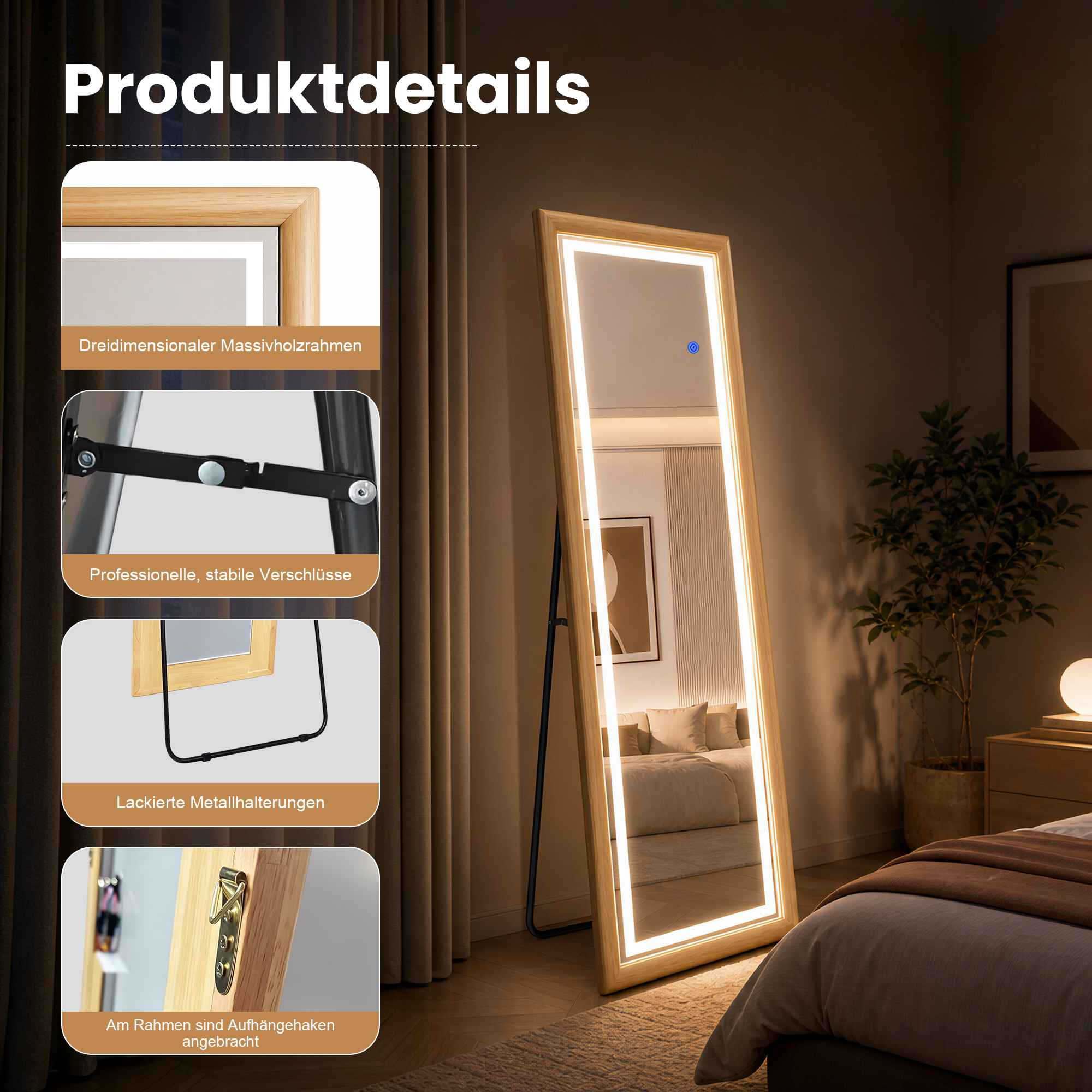 Ein beleuchteter Ganzk örperspiegel mit Holzrahmen in einem Schlafzimmer, mit vier Detailbildern links.
