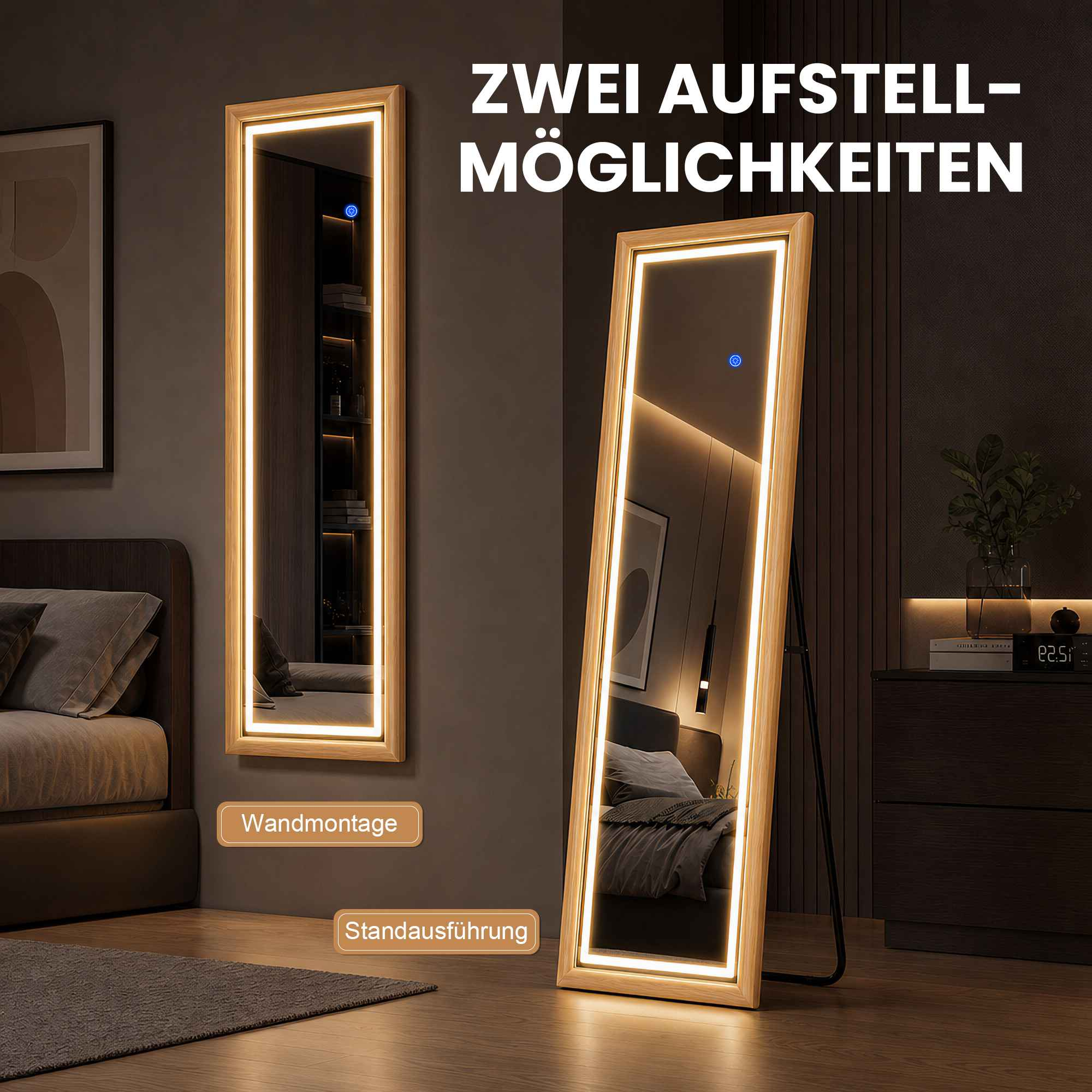 Zwei beleuchtete Holzspiegel: Einer an der Wand, der andere stehend im Raum.
