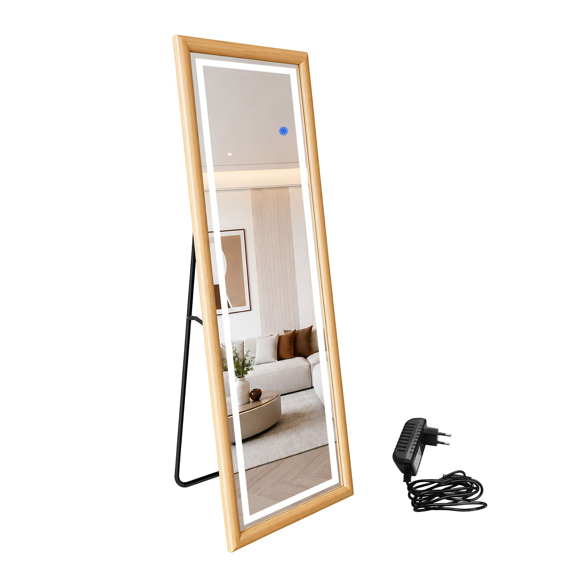 Langer, beleuchteter Standspiegel mit hellem Holzrahmen und separatem Netzkabel auf weißem Hintergrund.