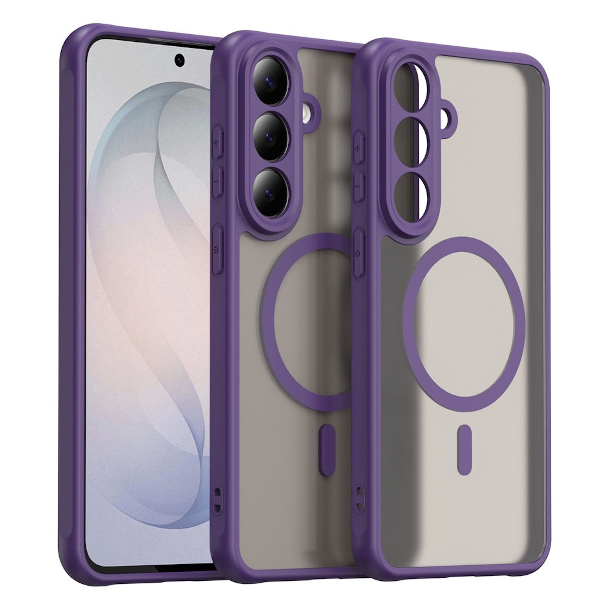 Drei Ansichten einer violetten Smartphone-Hülle mit Magnetring und klarer Rückseite.