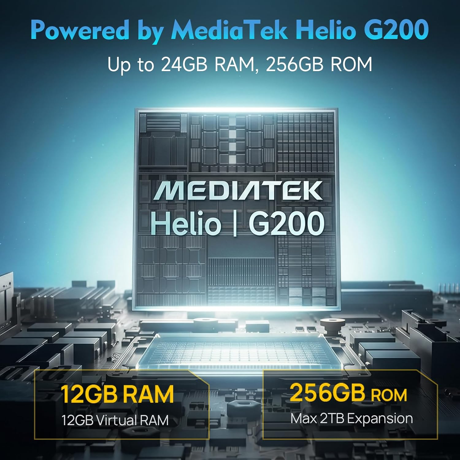 Werbebild für MediaTek Helio G200 Prozessor mit 24GB RAM und 256GB ROM auf einer Platine.