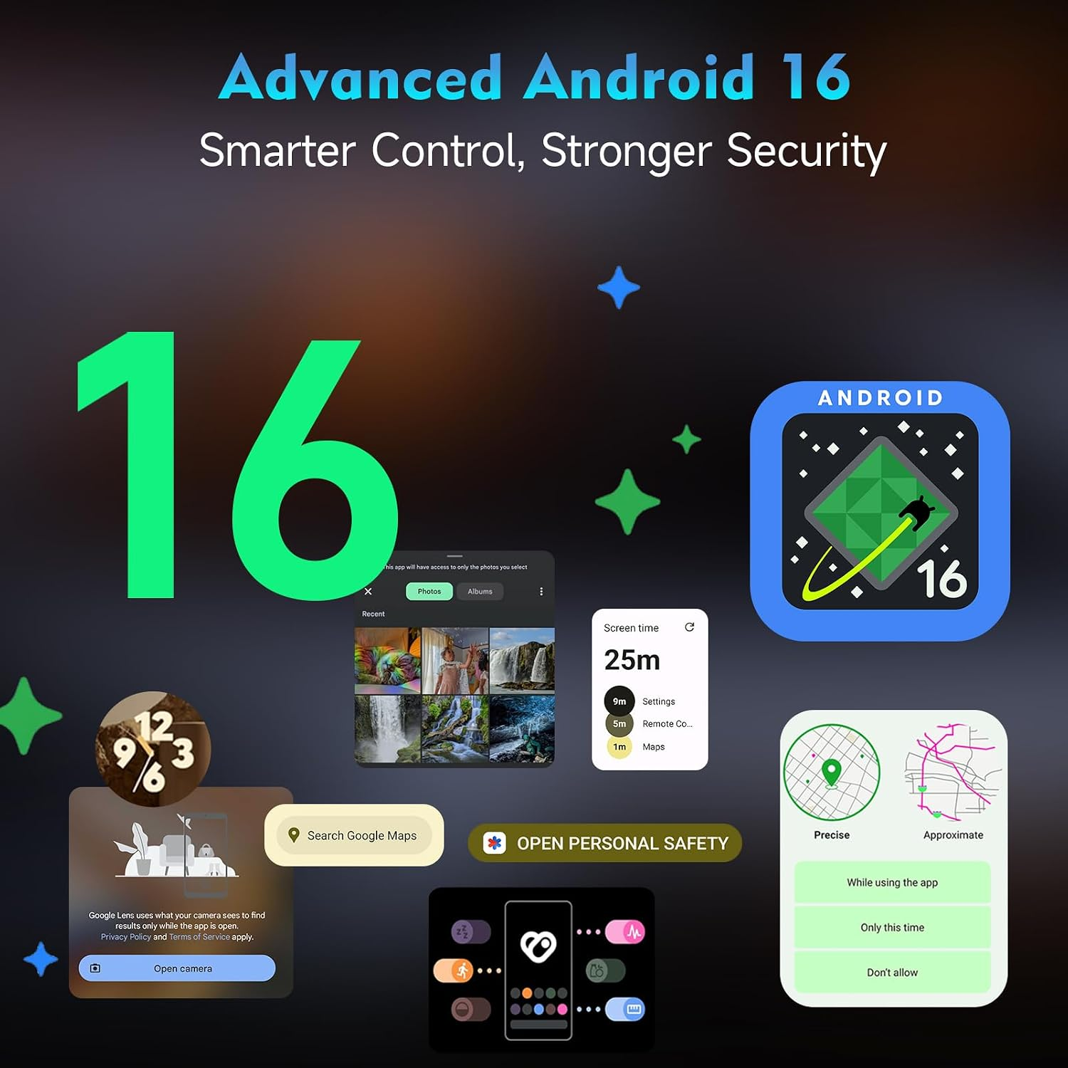 Werbebild für Android 16 mit neuer Software, App-Icons und UI-Elementen auf dunklem Hintergrund.