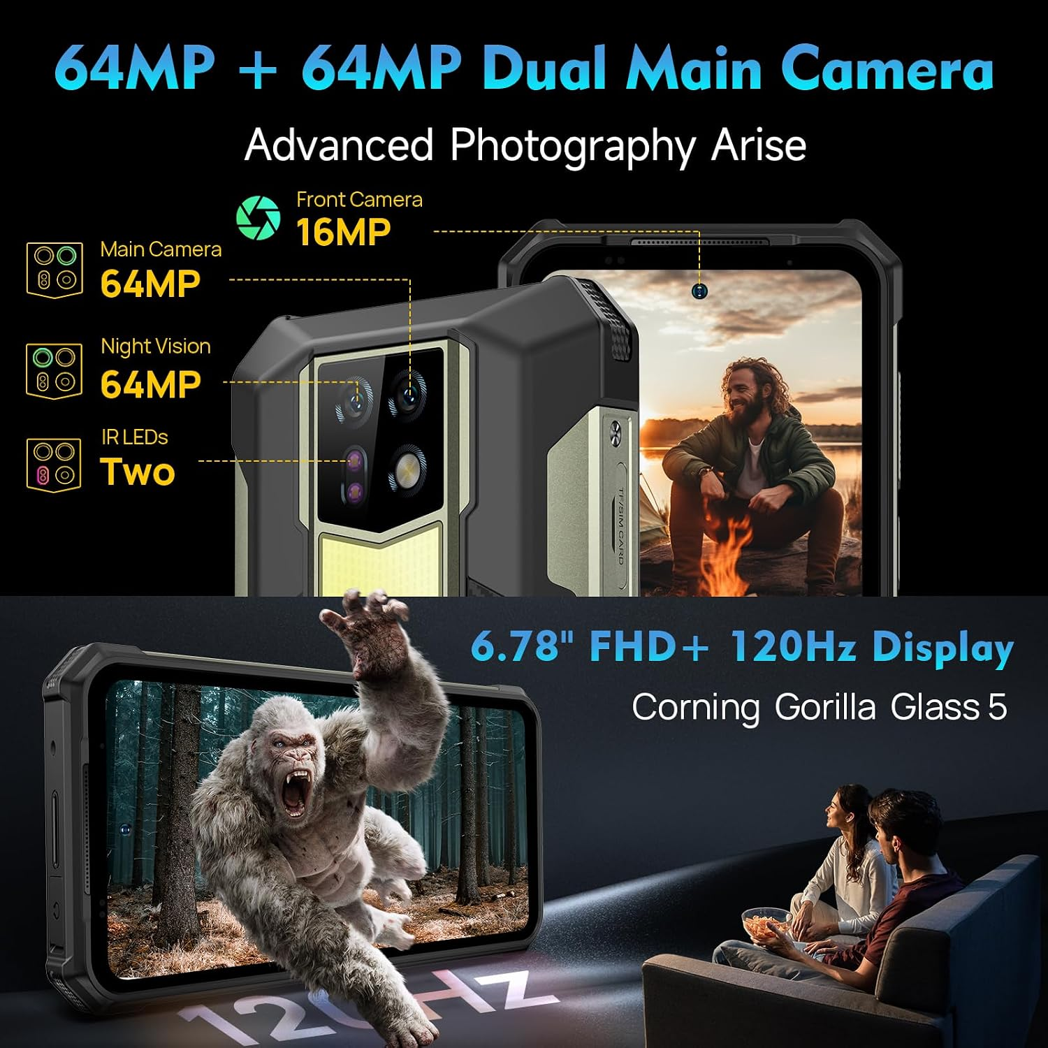 Robustes Smartphone mit dualen 64-MP-Kameras, 16-MP-Frontkamera und einem 6,78-Zoll-FHD+-120Hz-Display.