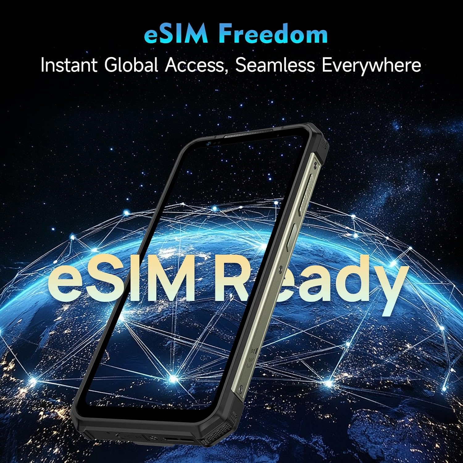 Ein Smartphone schwebt vor einer blau leuchtenden Erde mit globalem Netzwerk und dem Text eSIM Ready.