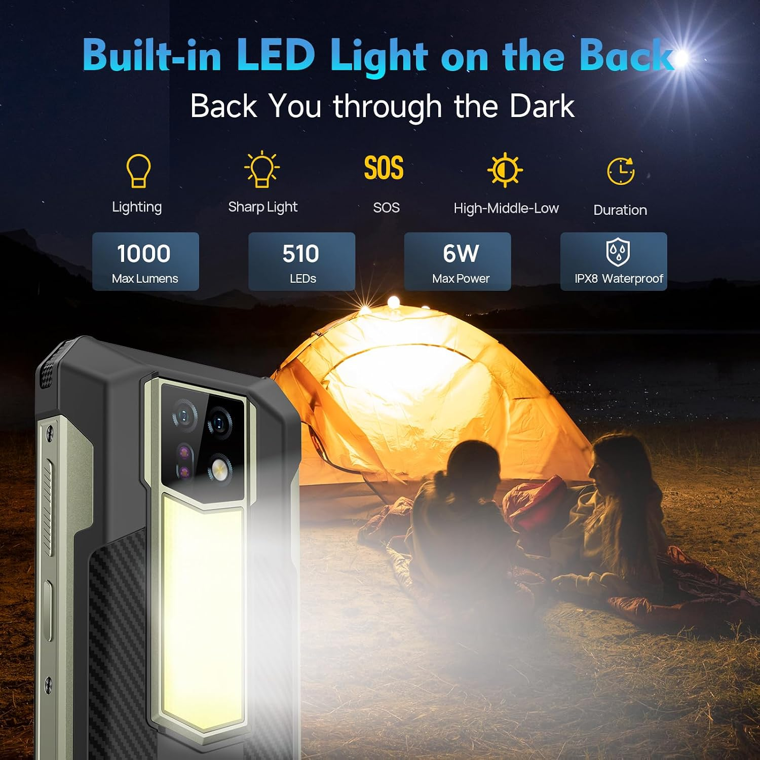 Robuster Smartphone-Rücken mit LED-Licht, vor einer beleuchteten Zeltszene bei Nacht mit zwei Personen.