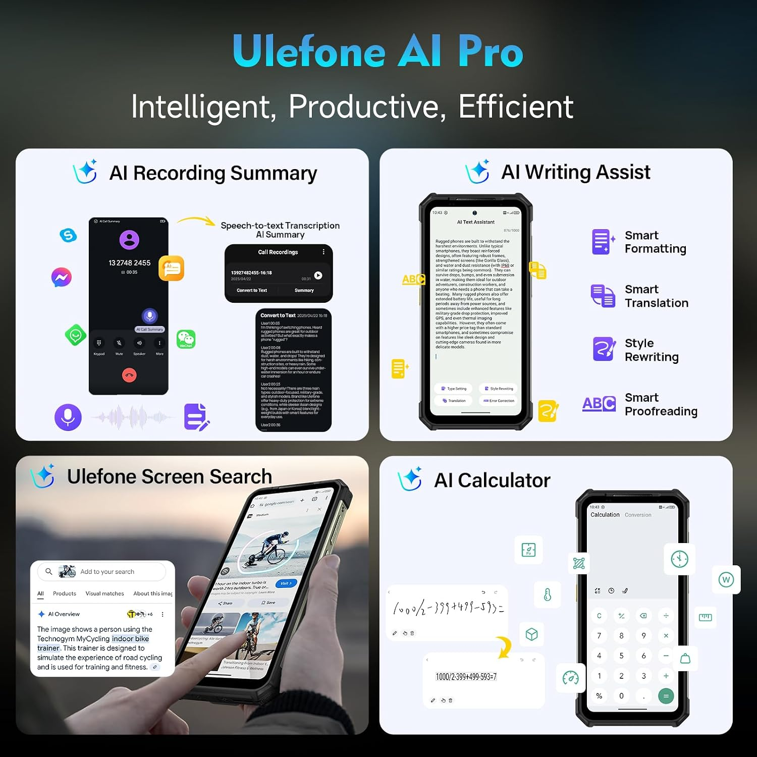 Präsentation von Ulefone AI Pro mit Funktionen wie Sprachzusammenfassung, Schreibassistent, Bildsuche und Rechner.