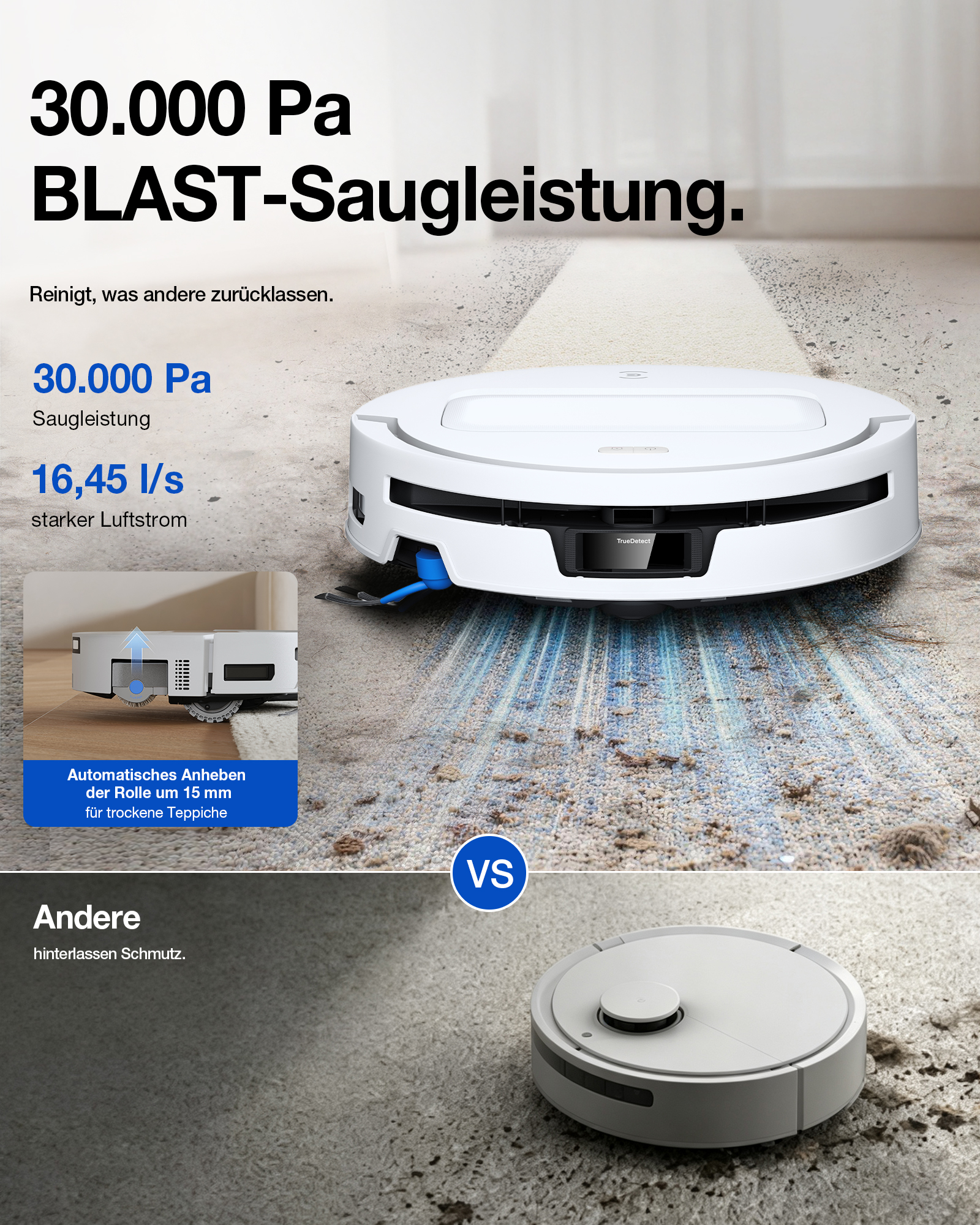 Vergleich zweier Saugroboter auf einem schmutzigen Teppich mit deutscher Beschriftung zu Saugleistung.