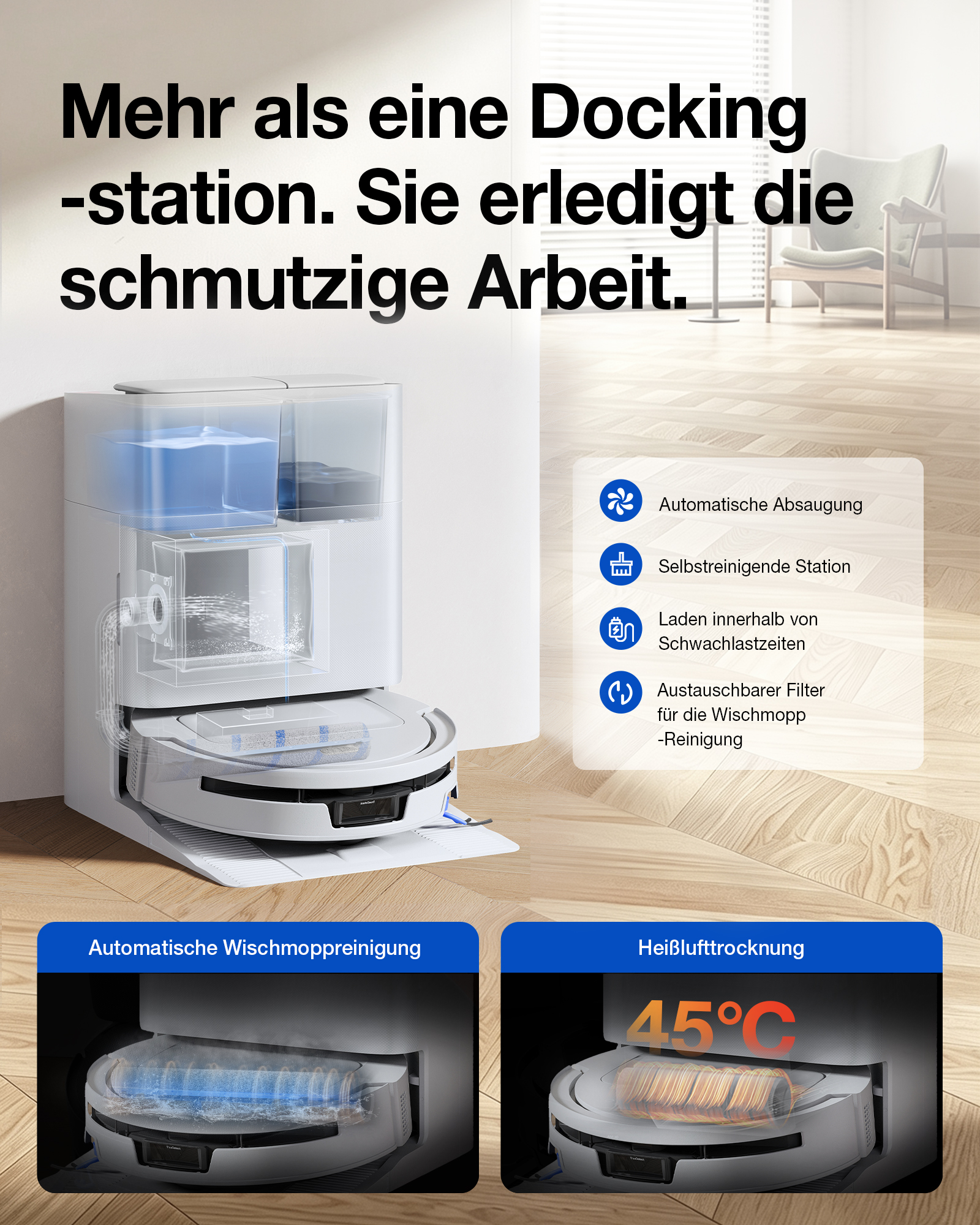 Eine weiße Saugroboter-Station mit Wassertanks, Funktionssymbolen und zwei Insets mit Wischmopp-Reinigung.