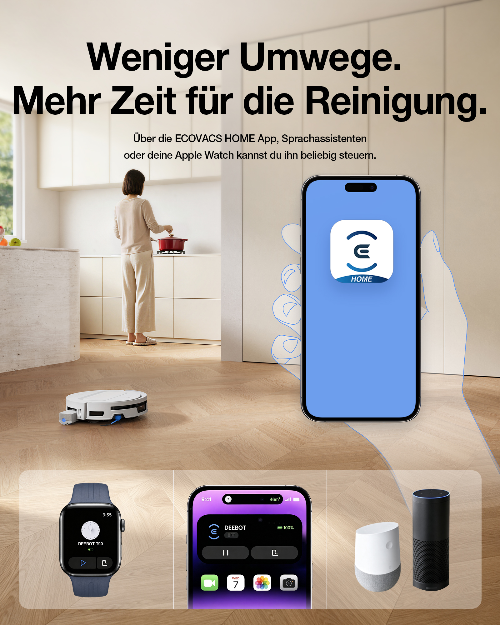 Eine Frau kocht in der Küche, ein Saugroboter reinigt den Boden, und eine Smartphone-App steuert das Gerät.