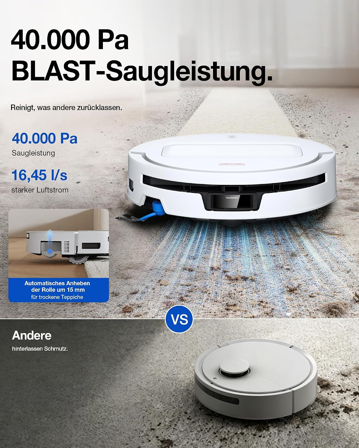 Un robot aspirador blanco limpia una alfombra en comparación con otro modelo, con texto sobre 40.000 Pa de potencia.