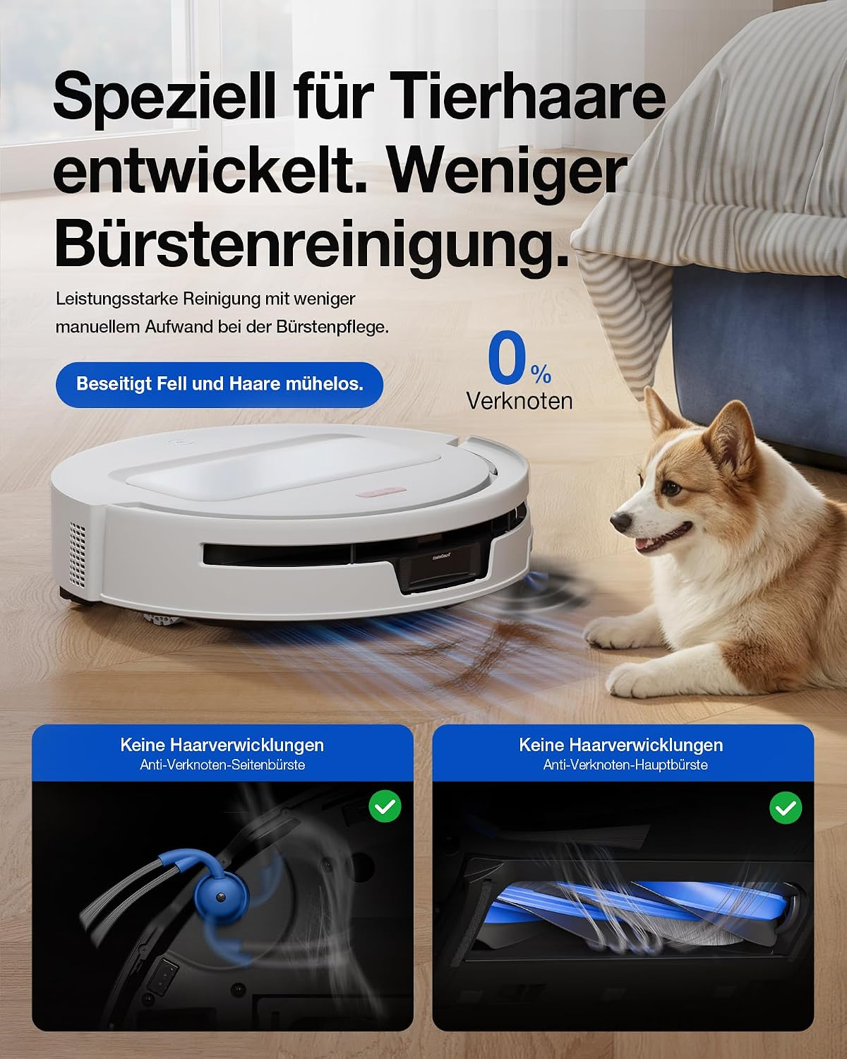 Imagen promocional de un robot aspirador en suelo de madera con un perro Corgi y texto en alemán.