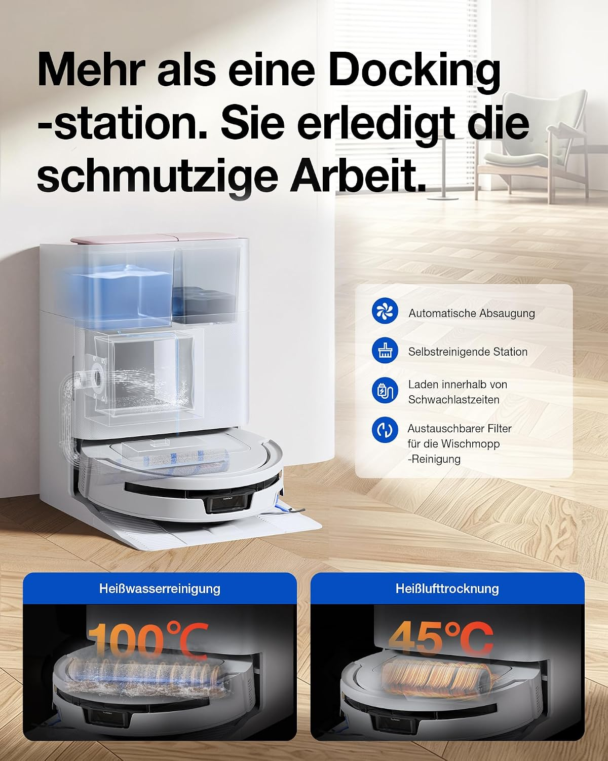 Robot aspirador con base de carga que muestra funciones de limpieza automática.