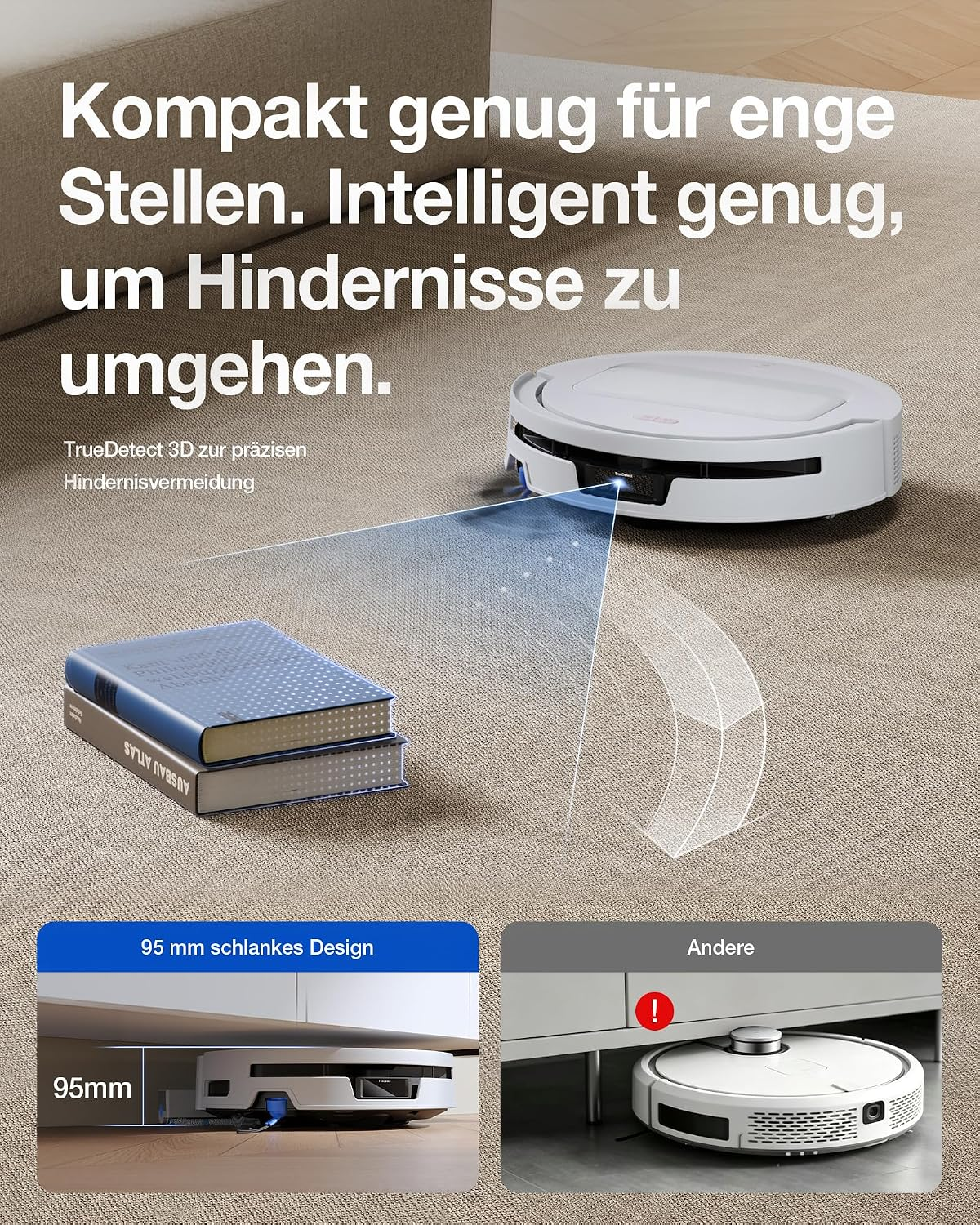 Un robot aspirador blanco en alfombra evita libros, con ejemplos abajo.