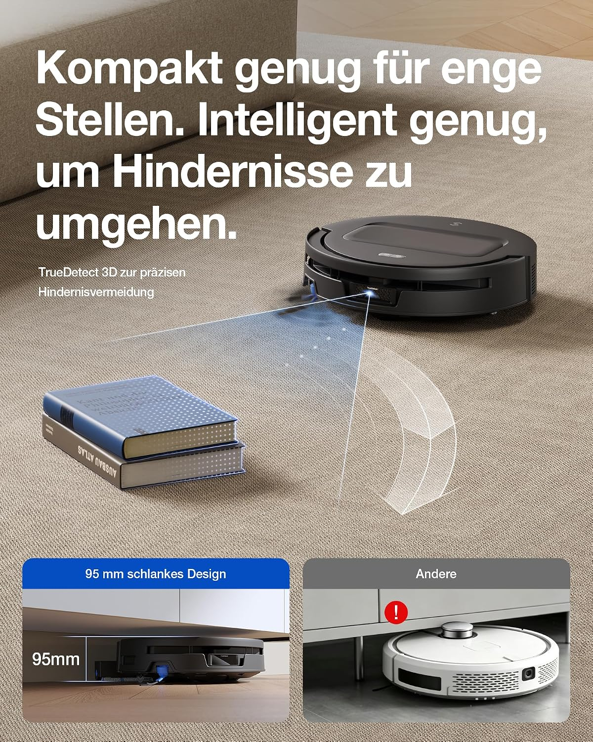Un robot aspirador negro en una alfombra evita dos libros, con recuadros que muestran su diseño.