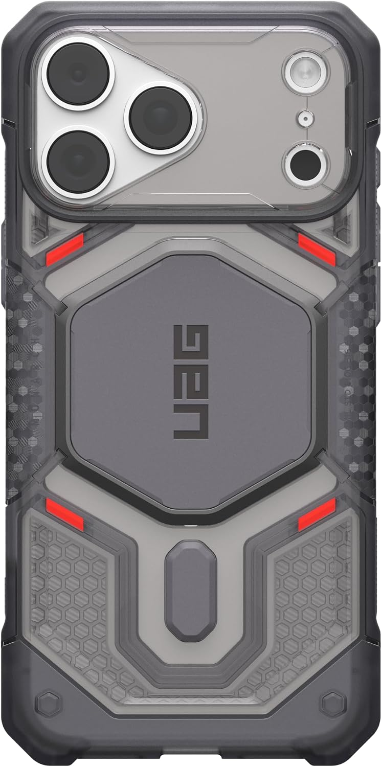 Durevole custodia per smartphone UAG grigia e nera con modulo fotocamera integrato, dettagli rossi e motivi esagonali.