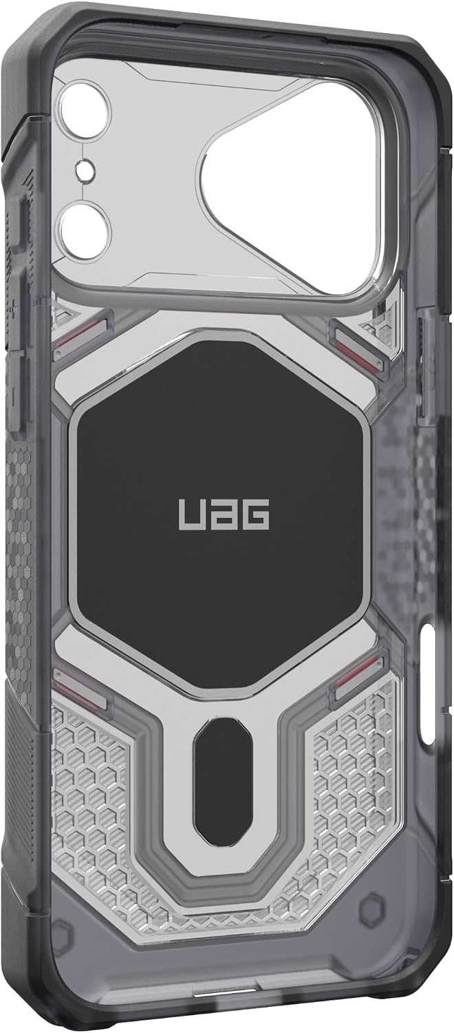 Robusta custodia per smartphone nera e argentata con logo UAG e angoli rinforzati.