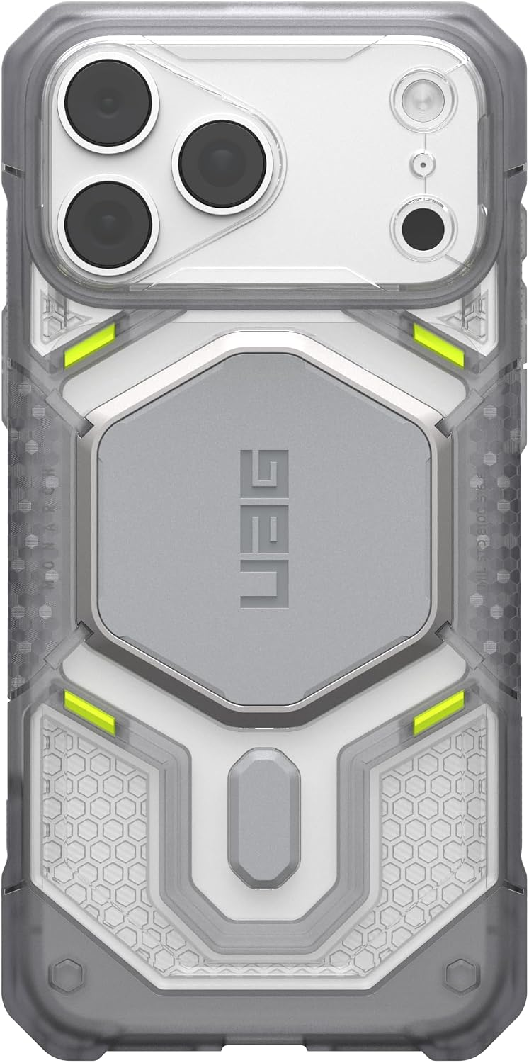 Robuste graue und transparente Handyhülle mit UAG-Logo, verstärkten Ecken und Kamera-Aussparungen.