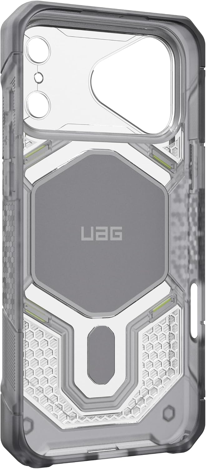 Robuste, graue, transparente Handyhülle mit hexagonalem Design und UAG-Logo.