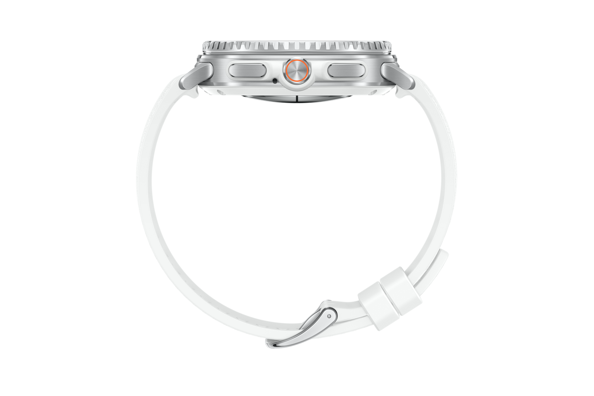 Srebrny smartwatch z białym silikonowym paskiem i pomarańczowym przyciskiem na czarnym tle.