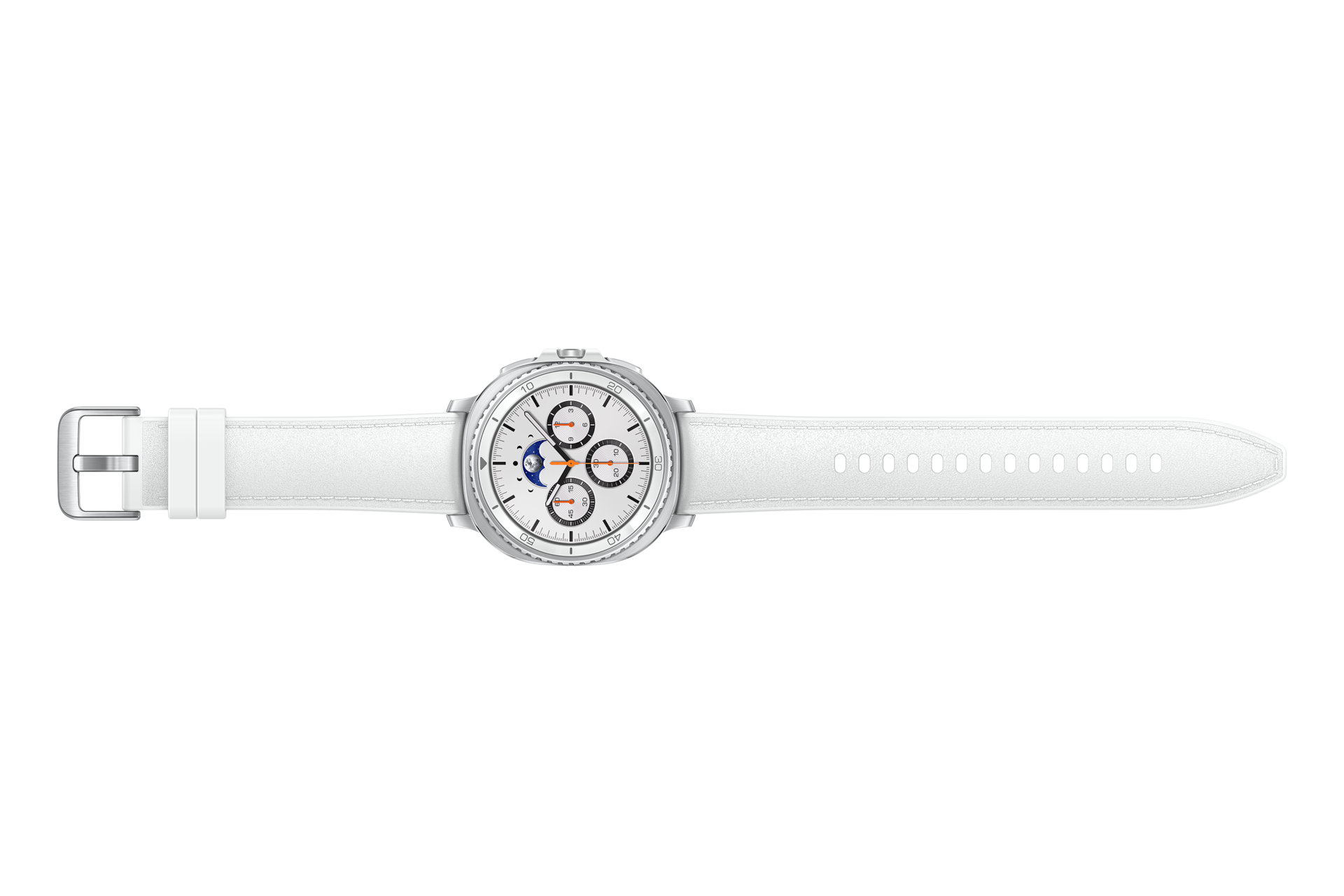 Srebrny smartwatch z białym skórzanym paskiem, klamrą i wieloma dziurkami na czarnym tle.