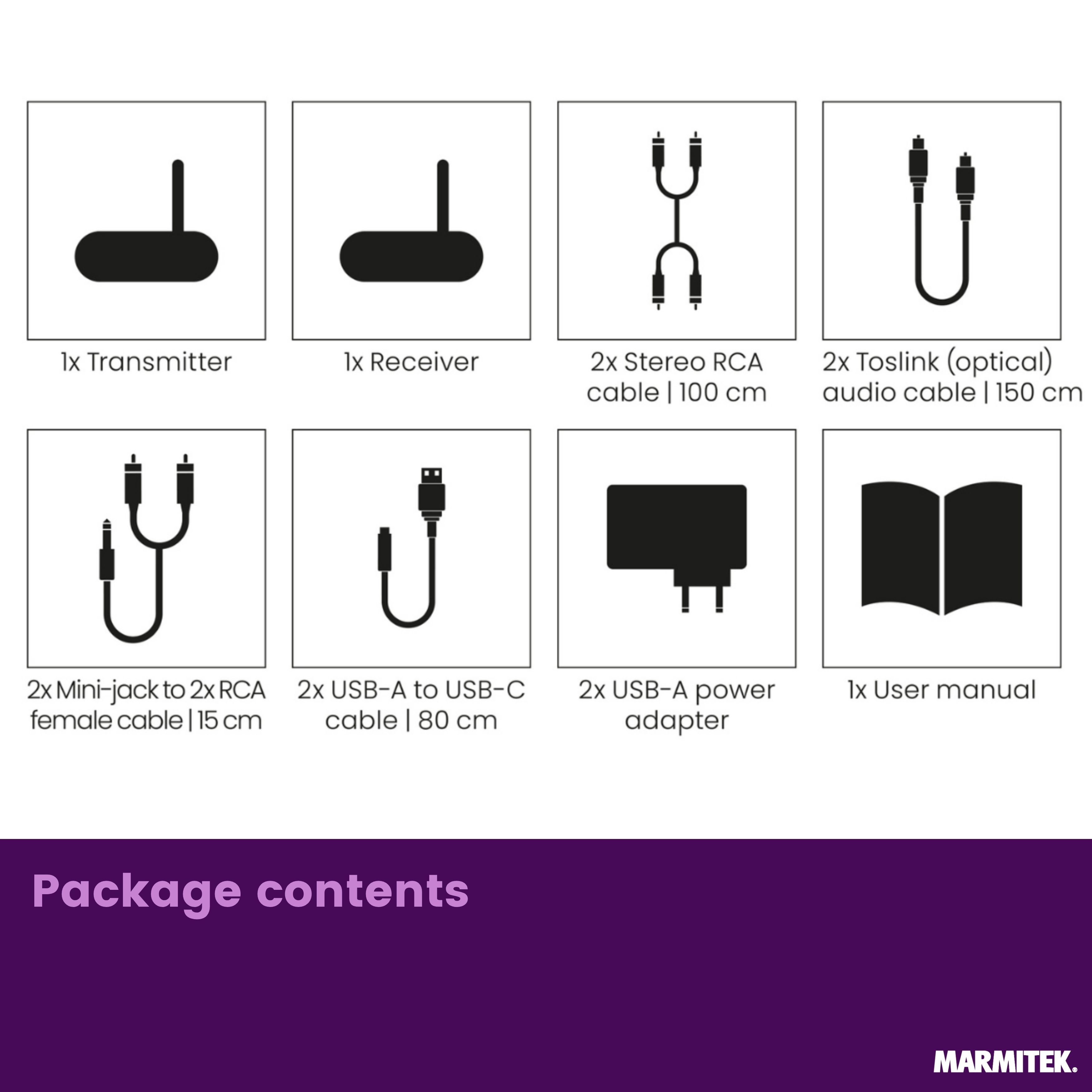 Contenido del paquete con transmisor, receptores, cables, adaptadores y manual.