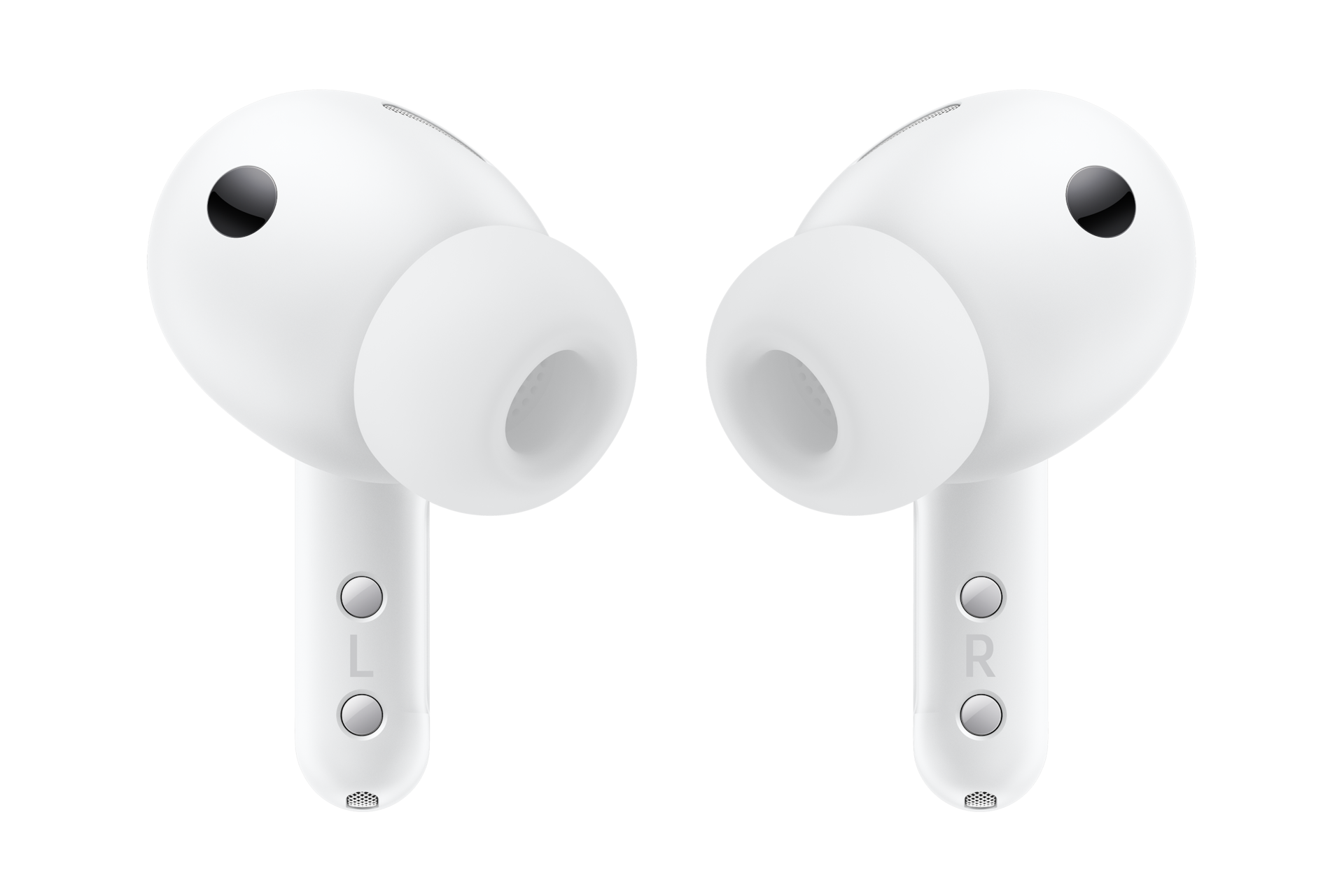 Due cuffie in-ear bianche con steli, pulsanti e le lettere L e R su sfondo nero.