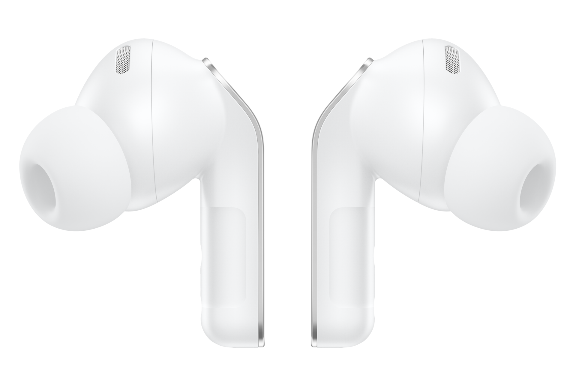 Due auricolari in-ear bianchi si fronteggiano a specchio su sfondo nero.