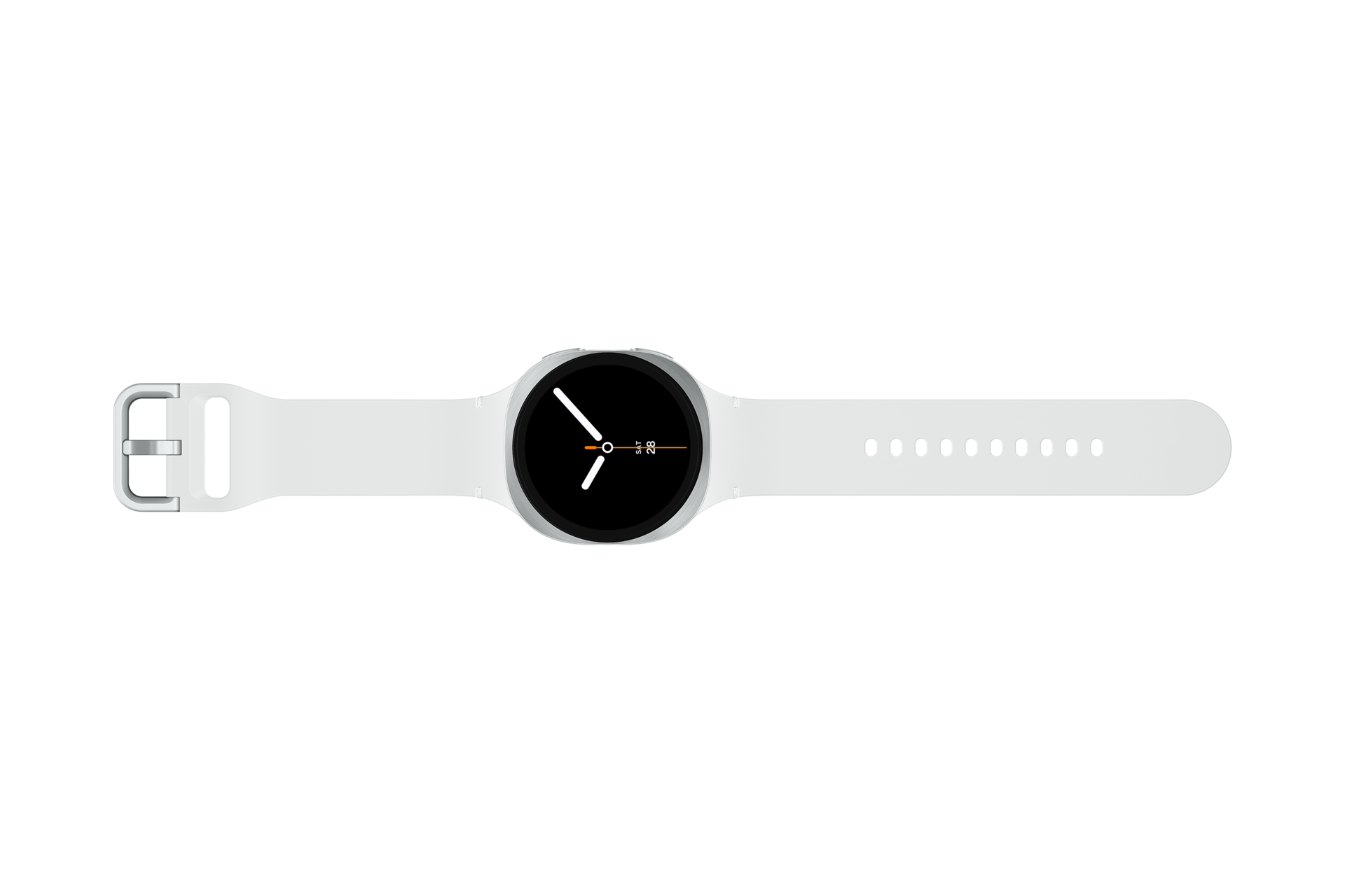Un reloj inteligente blanco con esfera redonda negra y correa de silicona blanca sobre fondo negro.