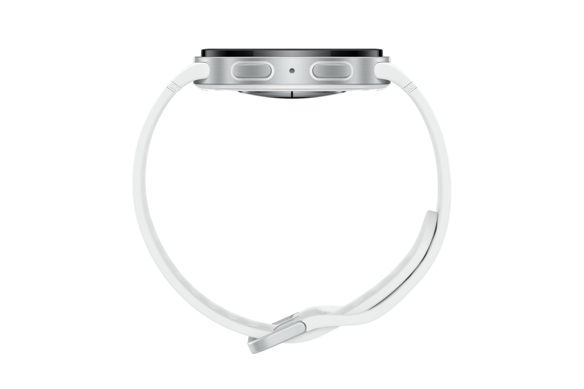 Smartwatch ze srebrną kopertą i białym paskiem na czarnym tle.
