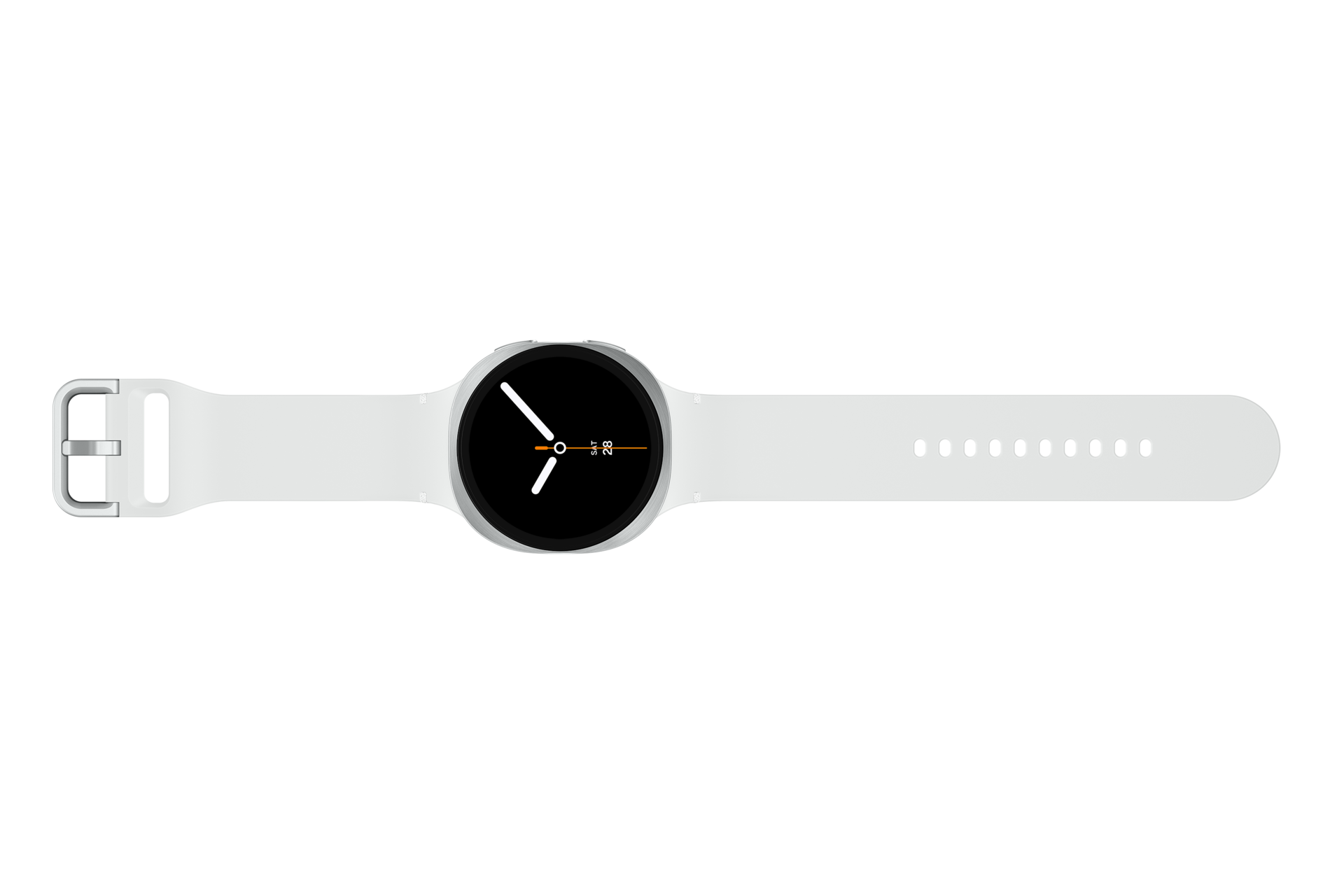 Biały smartwatch z czarną tarczą i srebrną klamrą leży poziomo na czarnym tle.
