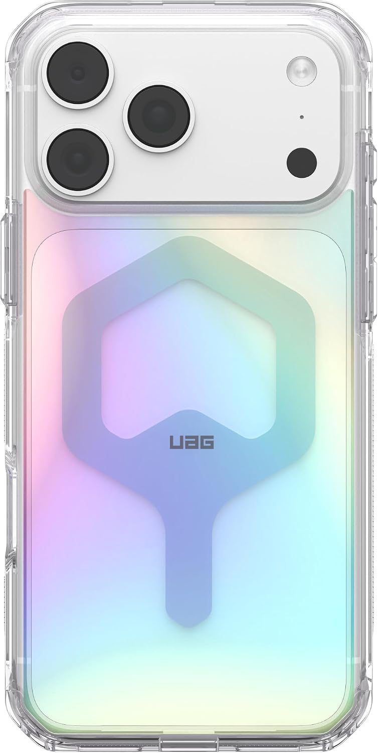 Transparente Handyhülle mit Regenbogenverlauf und MagSafe-Ring auf der Rückseite.