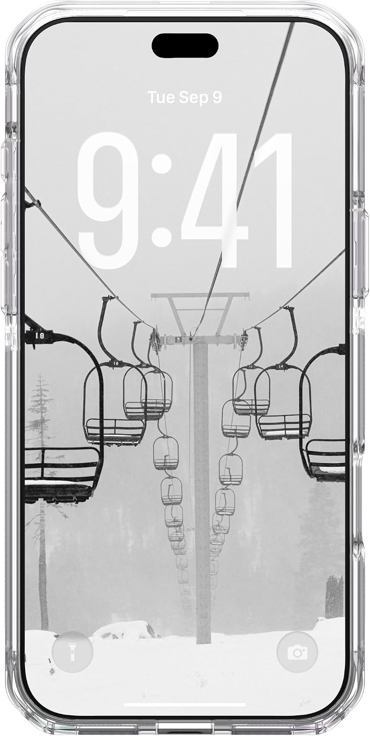 Ein Smartphone-Sperrbildschirm zeigt eine schwarz-weiße Skilift-Szene mit der Uhrzeit 9:41.