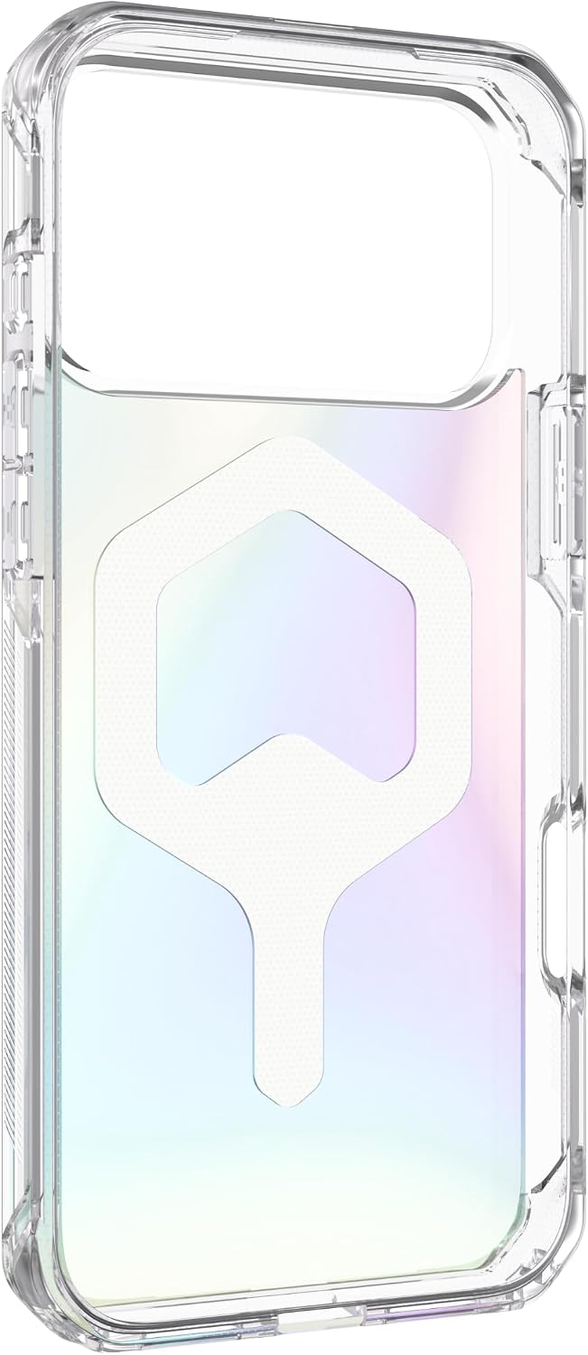 Eine transparente Handyhülle mit pastellfarbener, schillernder Rückseite und einem weißen geometrischen Emblem.