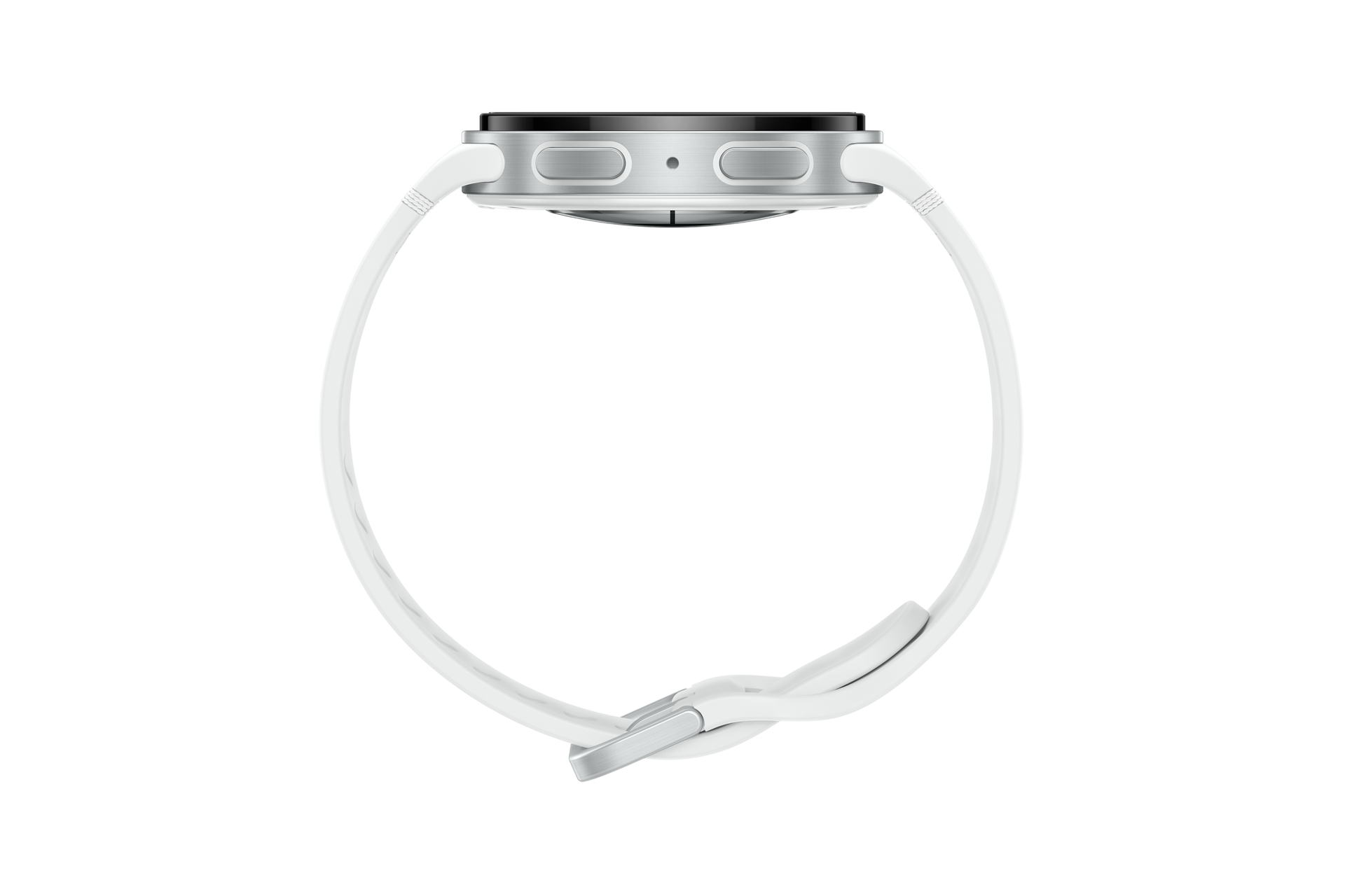 Biały smartwatch ze srebrną kopertą i dwoma bocznymi przyciskami, na czarnym tle.