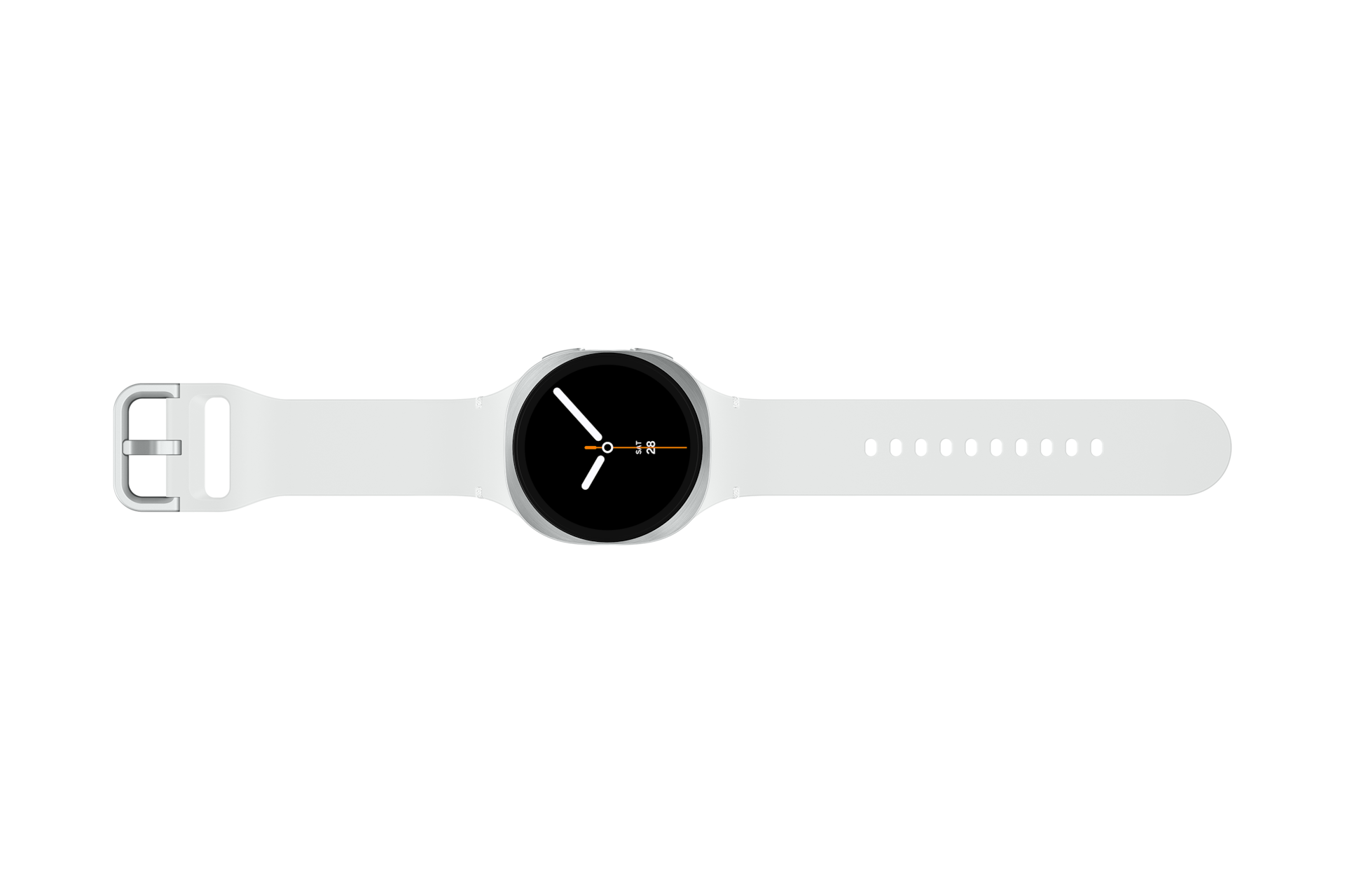 Biały smartwatch z okrągłą tarczą i białym silikonowym paskiem leży poziomo na czarnym tle.