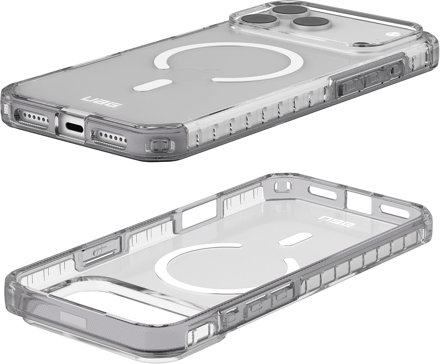 Custodia trasparente per smartphone con anello di ricarica magnetico da due angolazioni.