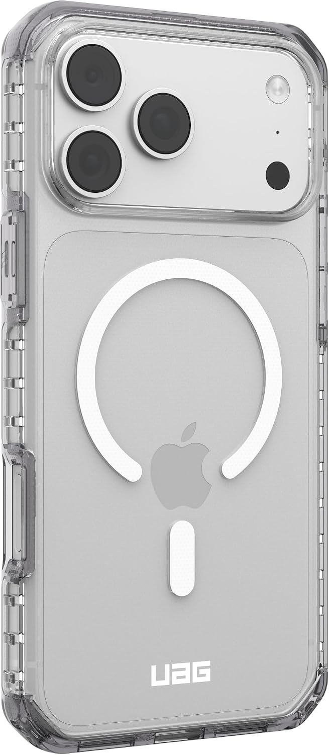 Custodia trasparente per smartphone con anello MagSafe e tripla fotocamera.