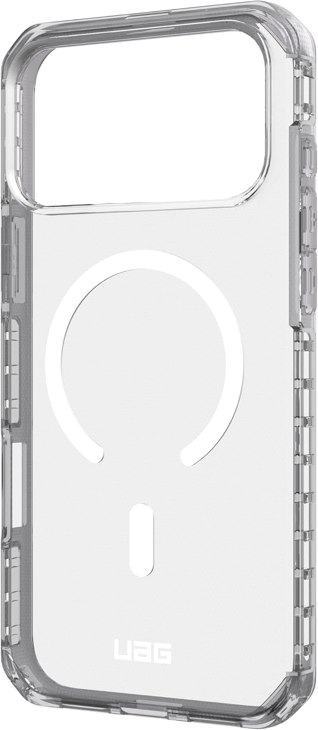 Custodia trasparente per smartphone con anello MagSafe integrato e logo UAG.