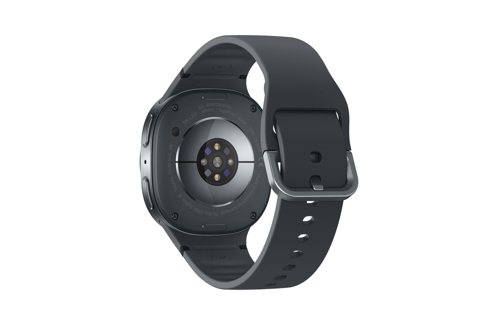 Parte trasera de un reloj inteligente gris oscuro con sensores y correa con hebilla sobre fondo negro.