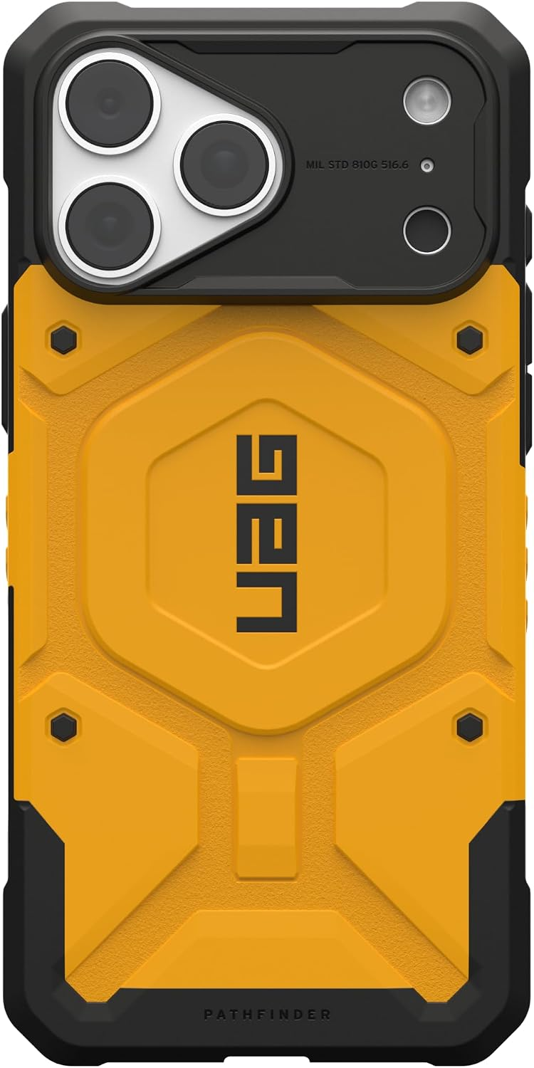 Gelbe und schwarze UAG-Smartphone-Hülle mit robustem, sechseckigem Design und Dreifachkamera-Modul.