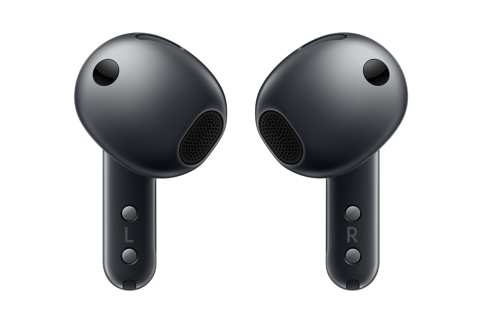 Due auricolari wireless neri con steli e etichette sinistra e destra su sfondo nero.
