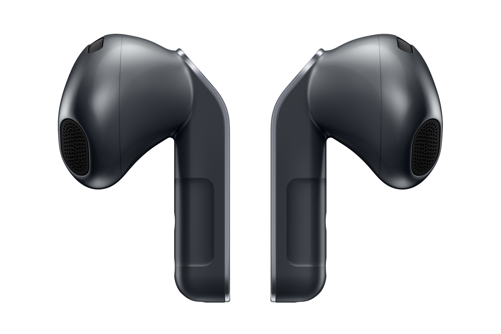 Due auricolari wireless metallici scuri uno di fronte all'altro su sfondo nero.